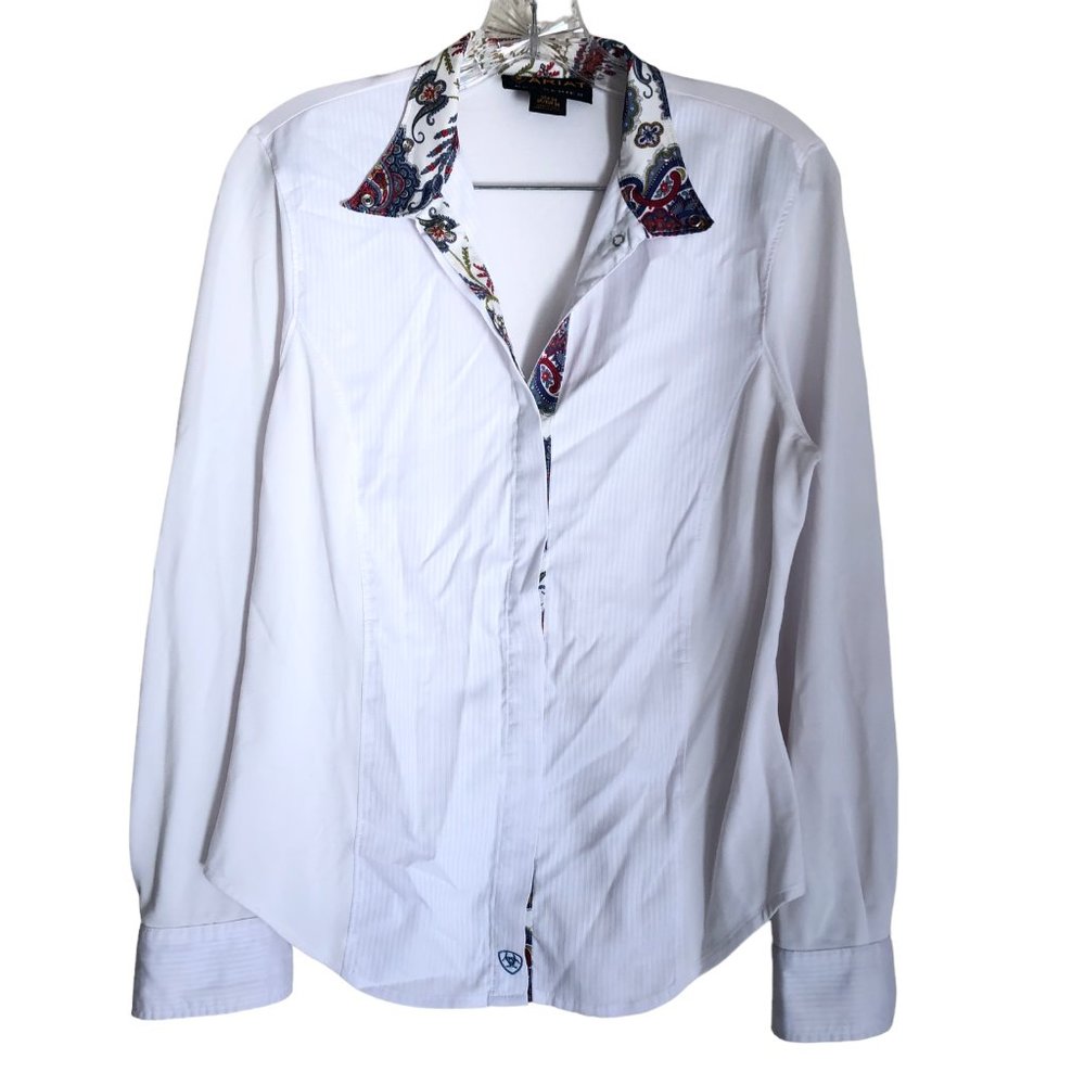 Ariat Pro Series Women's Western Shirt Size 34/S Floral Trim Flip Cuff Striped